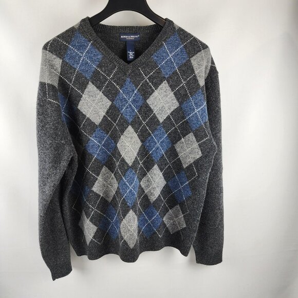 Bowen & Wright Sweater Mens Large 100% Lambs Wool Multicolor Argyle V-Neck - Picture 1 of 6